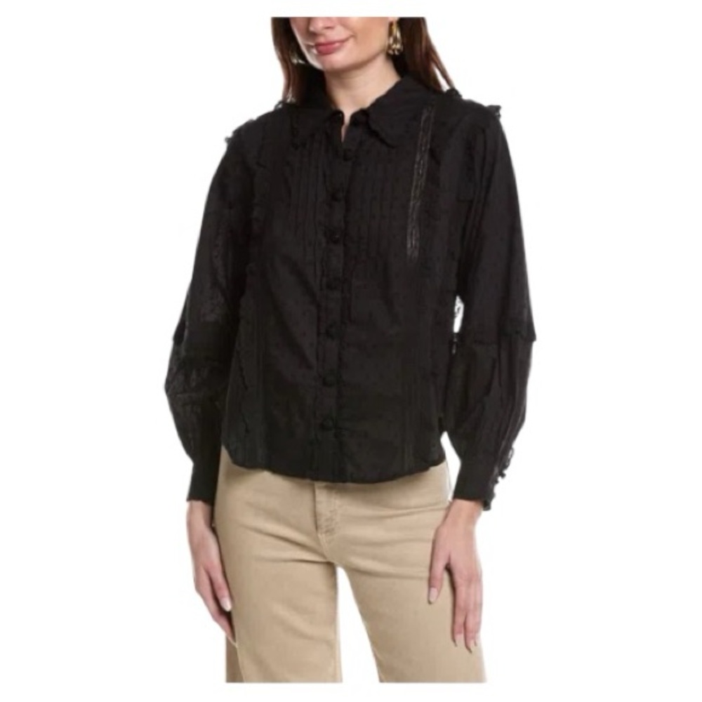 Farm Rio Black Swiss Dot Lace Button-Front Blouse – Size M (New with Tags)